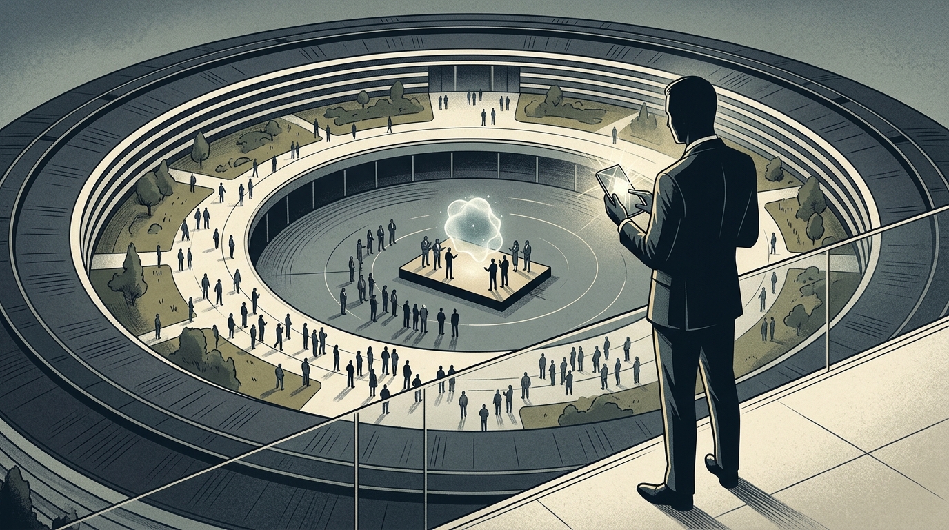 Apple headquarters logo with a futuristic AI interface overlay representing the search for a new CEO.