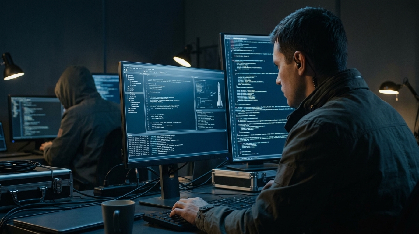 Digital illustration of a hacker exploiting the Cursor AI coding assistant for a cyberattack.