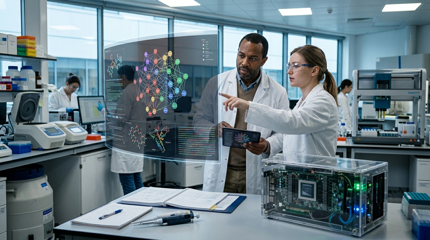 Scientist analyzing a digital DNA sequence for an AI-designed vaccine.