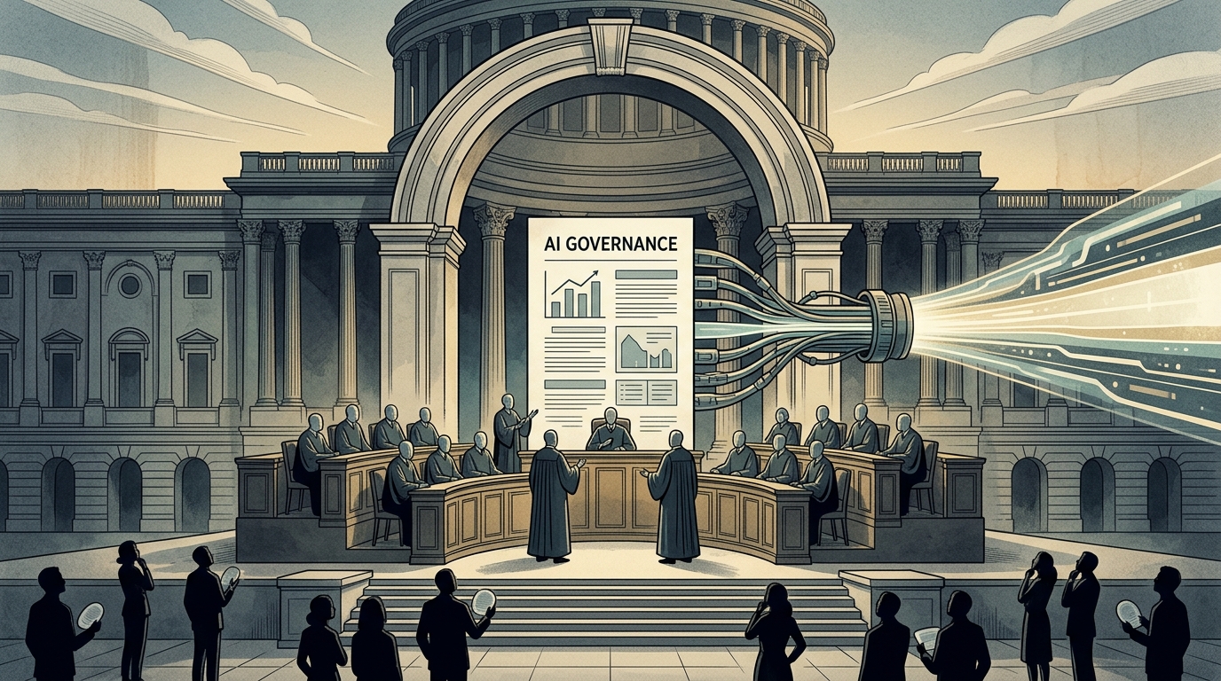 Digital governance symbols representing institutional trust in artificial intelligence.
