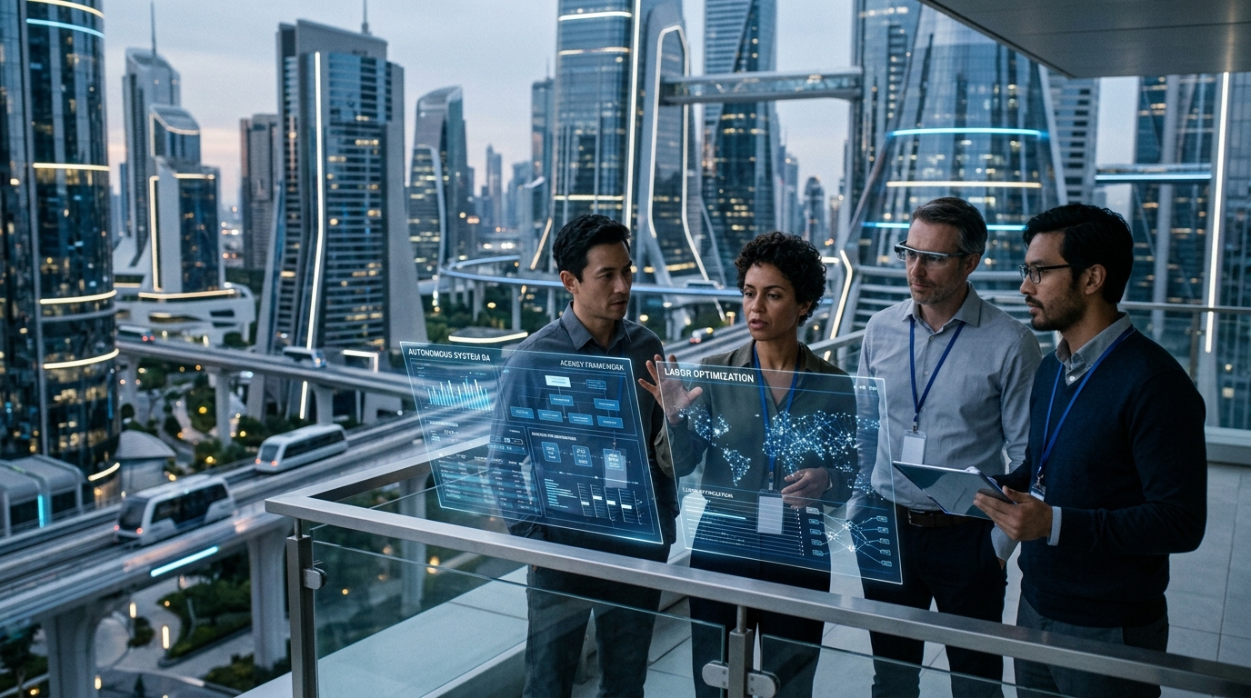 Digital representation of autonomous AI agents collaborating in a modern professional workspace.