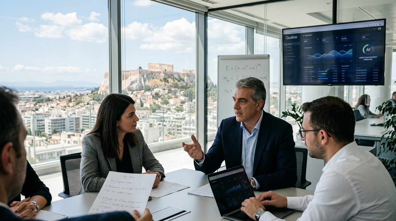 Qualco executive presenting Artificial Intelligence solutions for the banking sector and credit management.