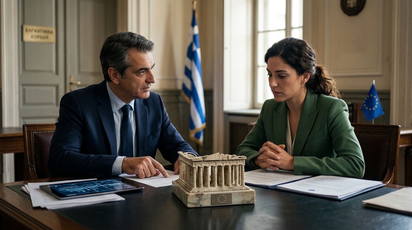 The Greek Parliament building with digital graphics representing the national AI Act framework.