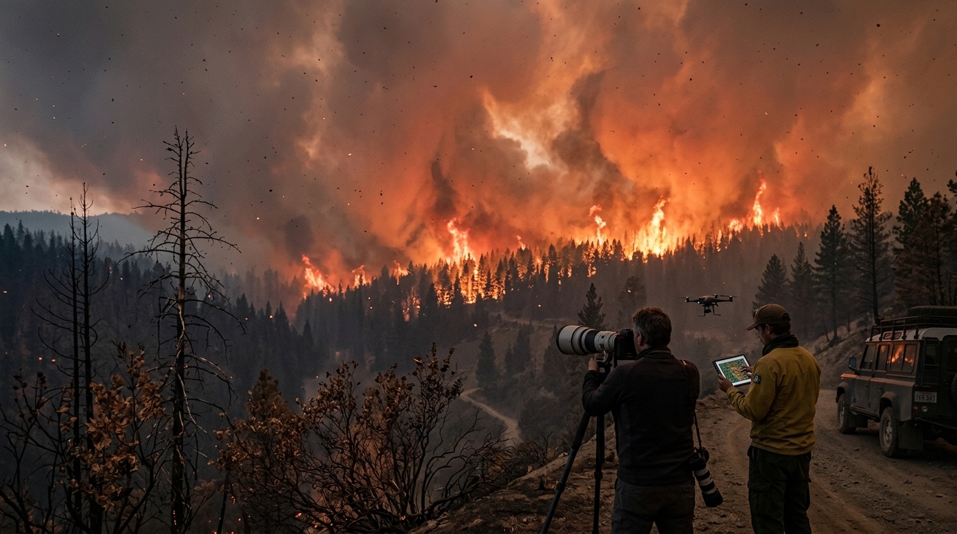 Digital illustration of a forest wildfire with Wyldfyre betting interface overlays.