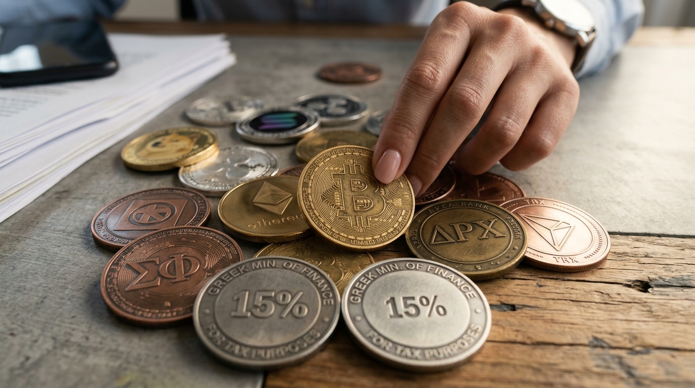 Bitcoin coins and Euro symbol over financial charts representing cryptocurrency taxation in Greece.