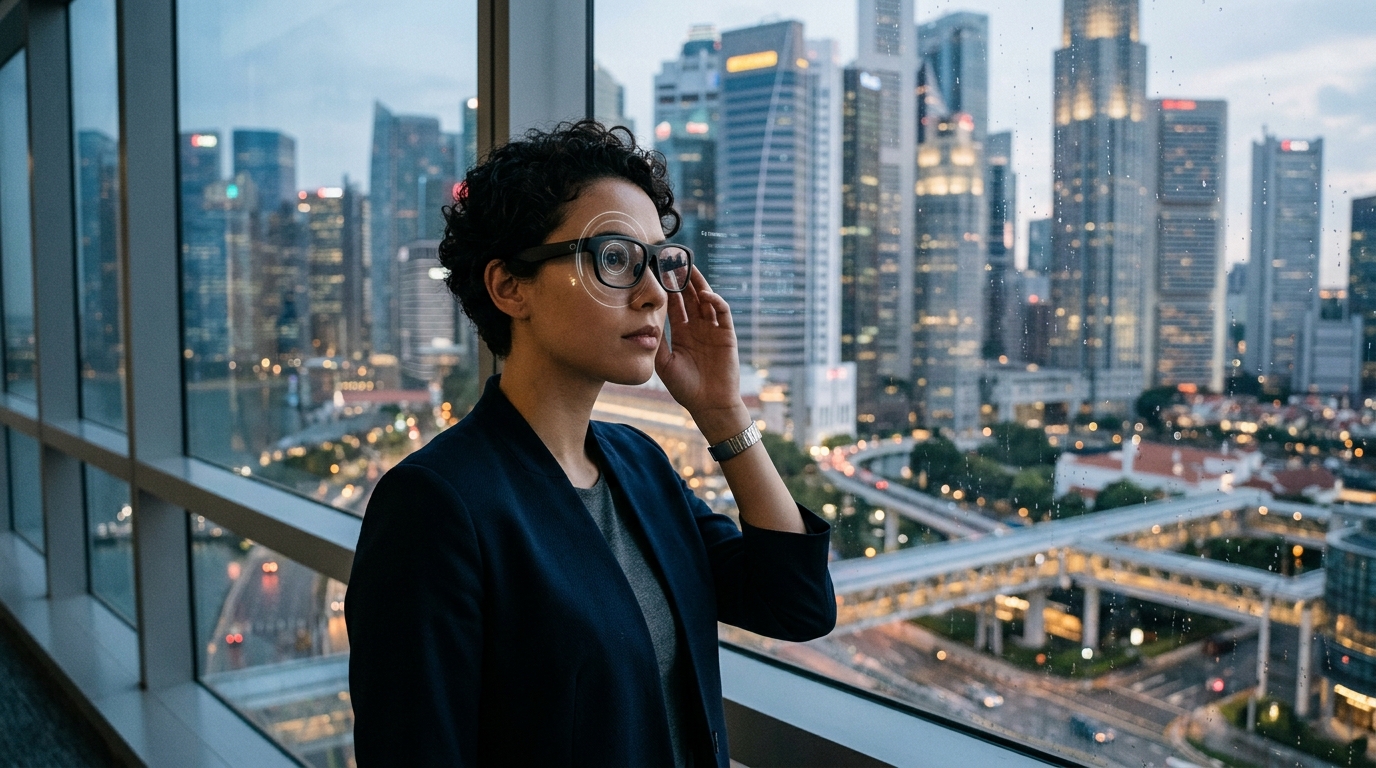 Ψηφιακή απεικόνιση των Apple Smart Glasses με τεχνολογία επαυξημένης πραγματικότητας.