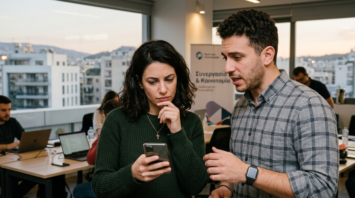 Χρήστης smartphone χρησιμοποιεί εφαρμογή online dating με γραφικά τεχνητής νοημοσύνης.