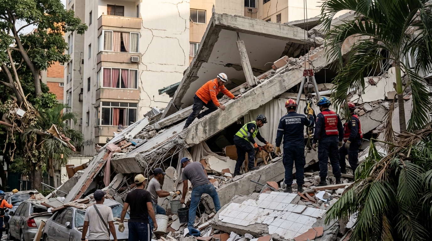 Building ruins from the Venezuela earthquake due to structural issues.