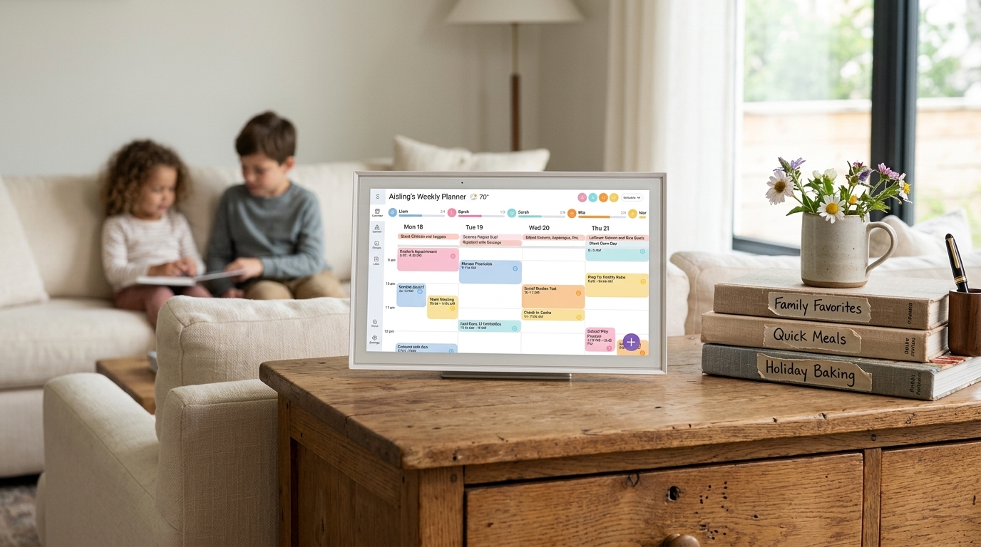 The Skylight digital calendar mounted on a kitchen wall showing a family schedule.