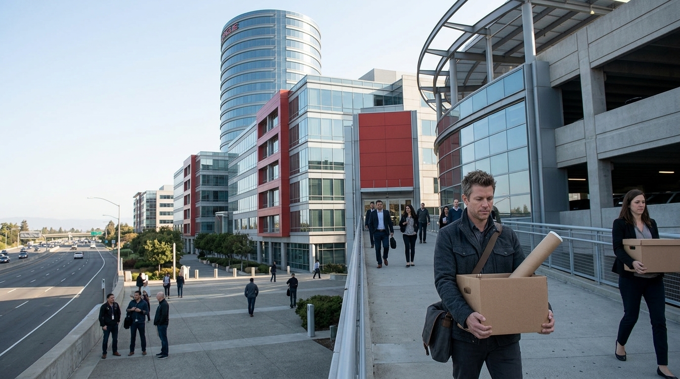Oracle logo on office building, representing 21,000 layoffs and AI-driven corporate restructuring.