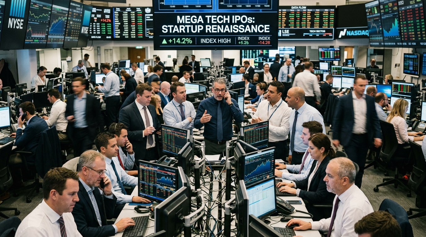 Digital stock market chart representing mega tech IPOs and startup growth.