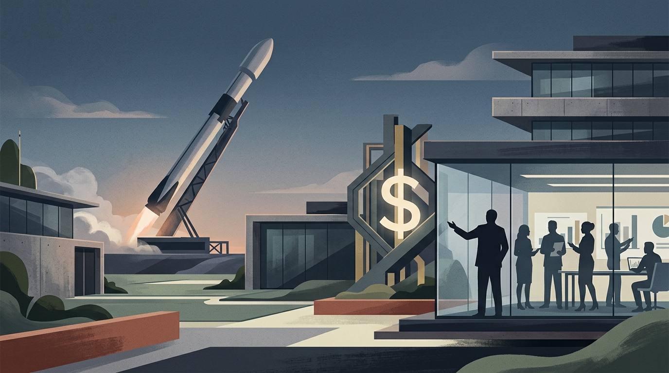 Πύραυλος SpaceX Starship σε εξέδρα εκτόξευσης που συμβολίζει την οικονομική ανάπτυξη της εταιρείας.