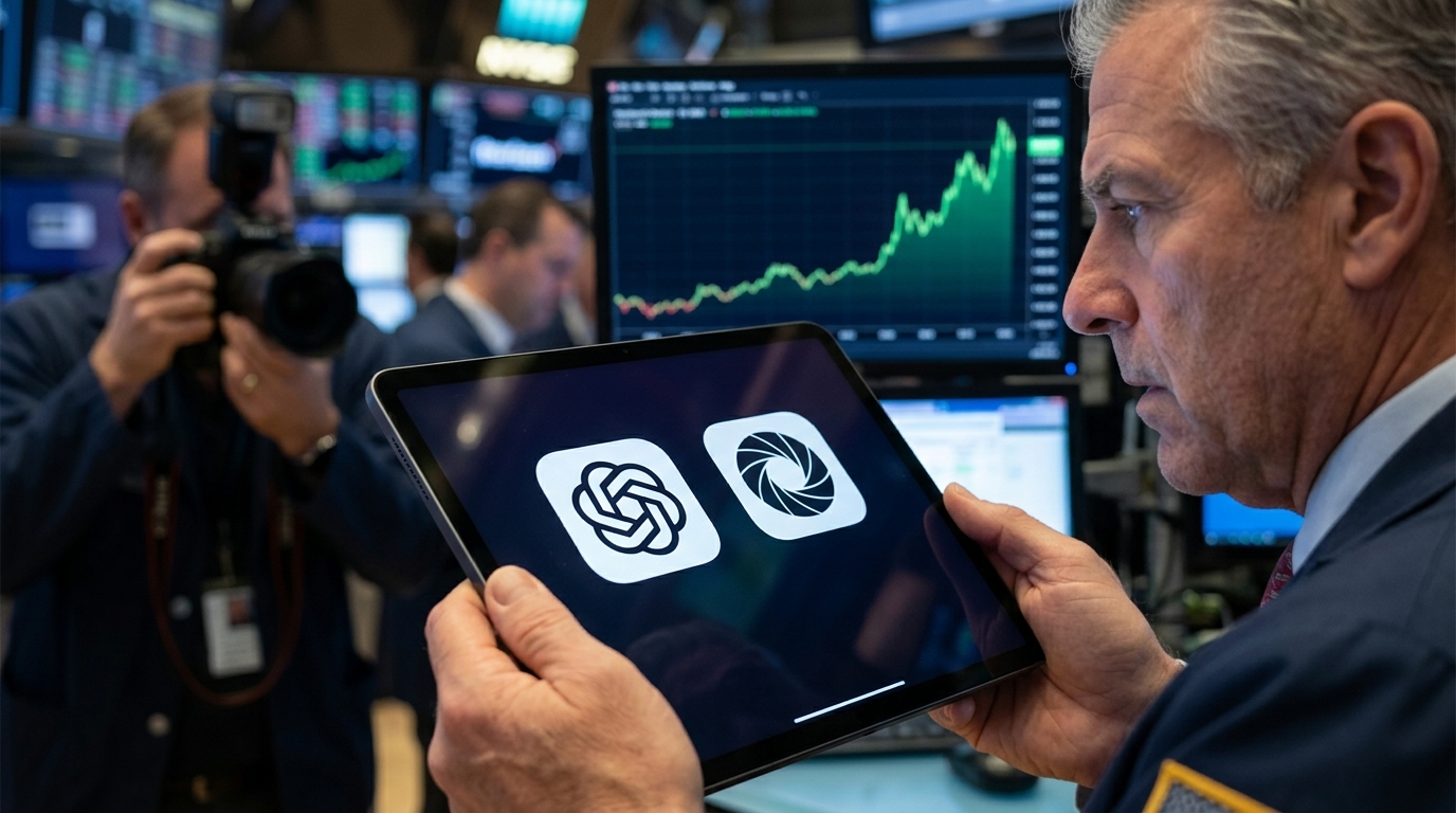 Getty Images and OpenAI logos displayed over stock market growth charts.