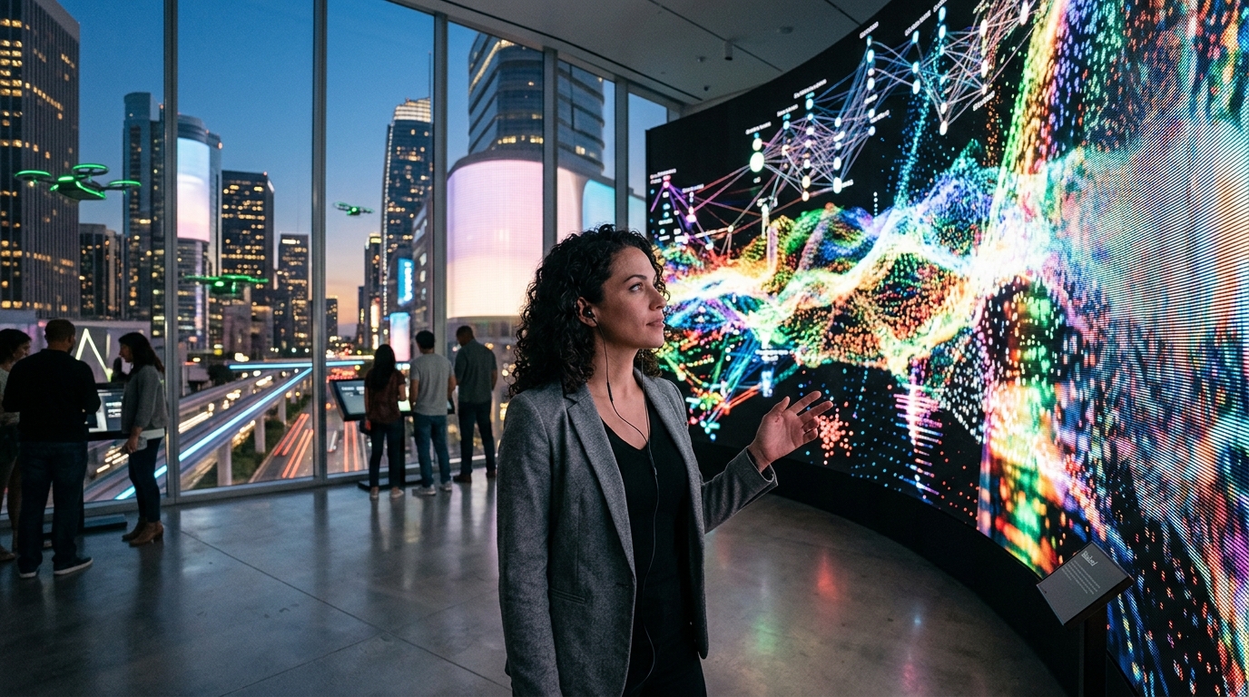 Interior view of Dataland, the world's first AI museum in Los Angeles featuring digital art by Refik Anadol.