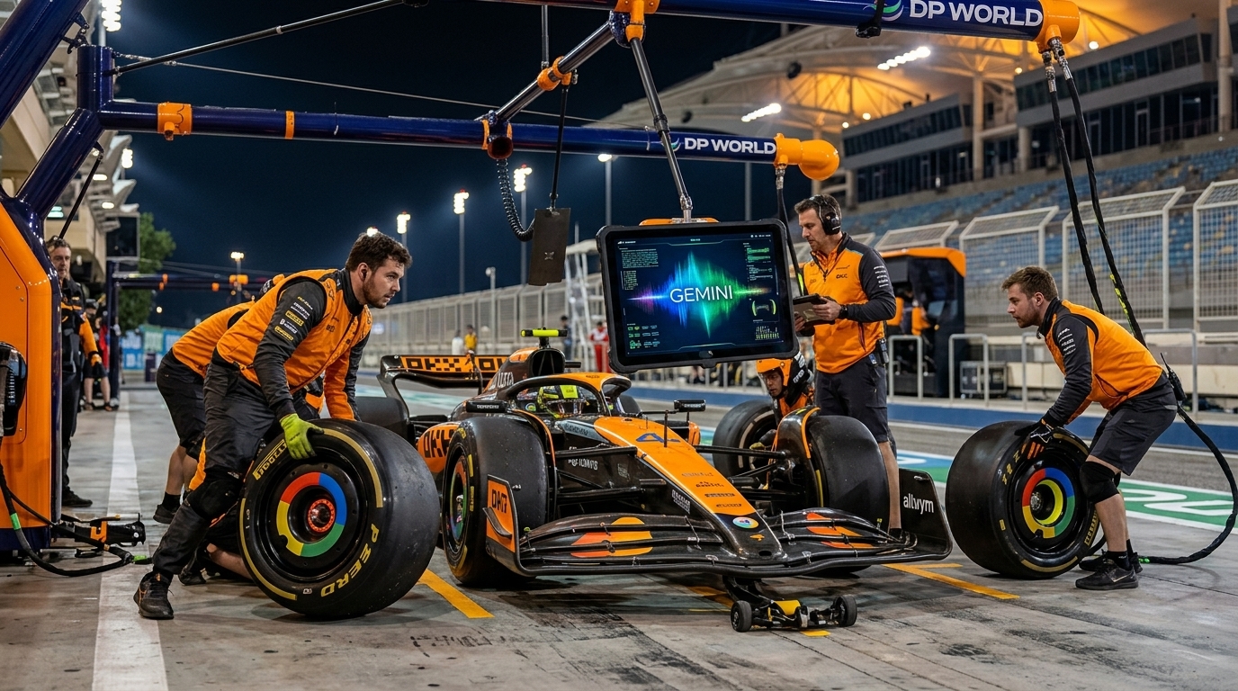 McLaren Formula 1 car featuring Google Gemini branding on the racetrack