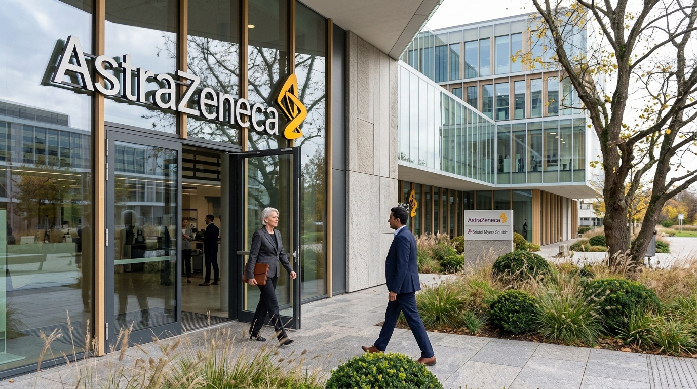 AstraZeneca and Bristol Myers Squibb logos representing a potential pharmaceutical merger.
