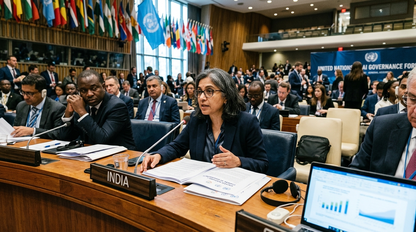 United Nations building with digital overlays representing AI governance.
