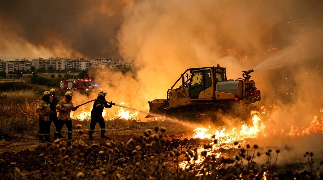 Smoke and flames from the wildfire in Oreokastro, Thessaloniki.
