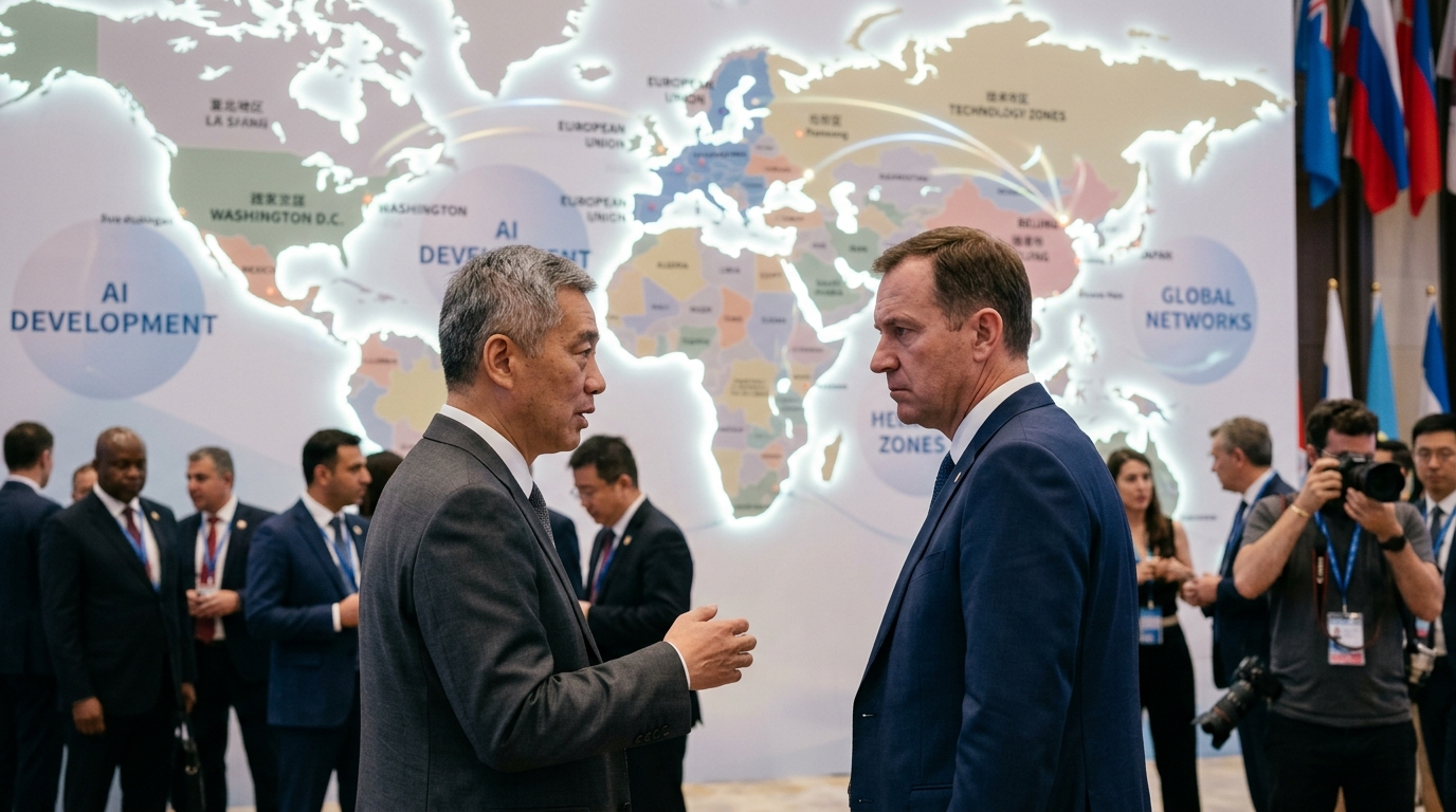 Digital map illustrating the US-China technological rivalry in the field of AI and semiconductors.