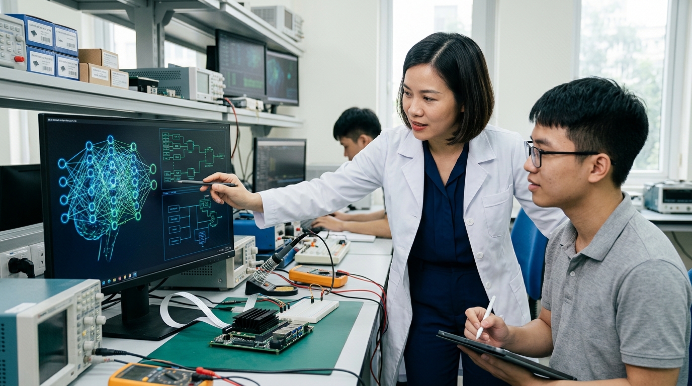 Students in Vietnam using AI and Big Data for academic research.
