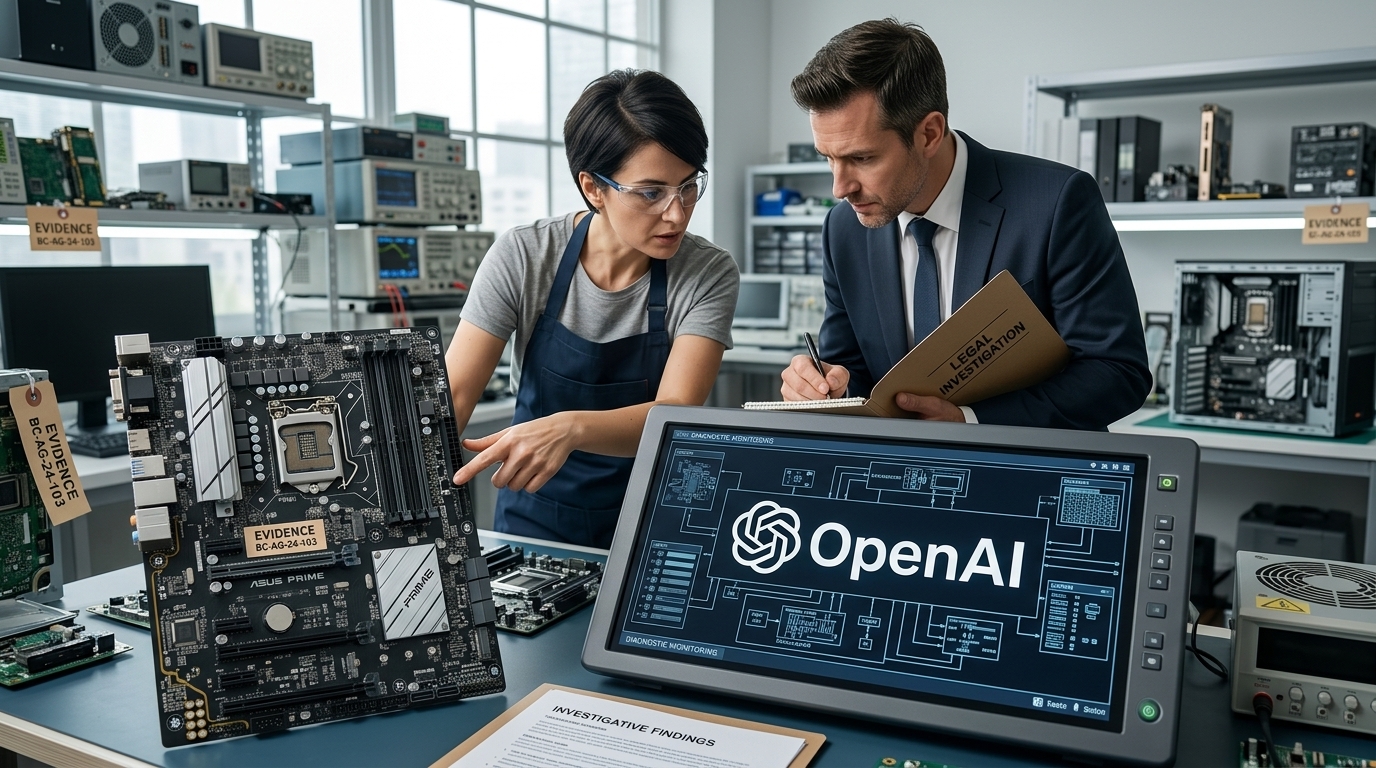 Λογότυπο OpenAI και σφυρί δικαιοσύνης για τη μήνυση της Βρετανικής Κολομβίας.