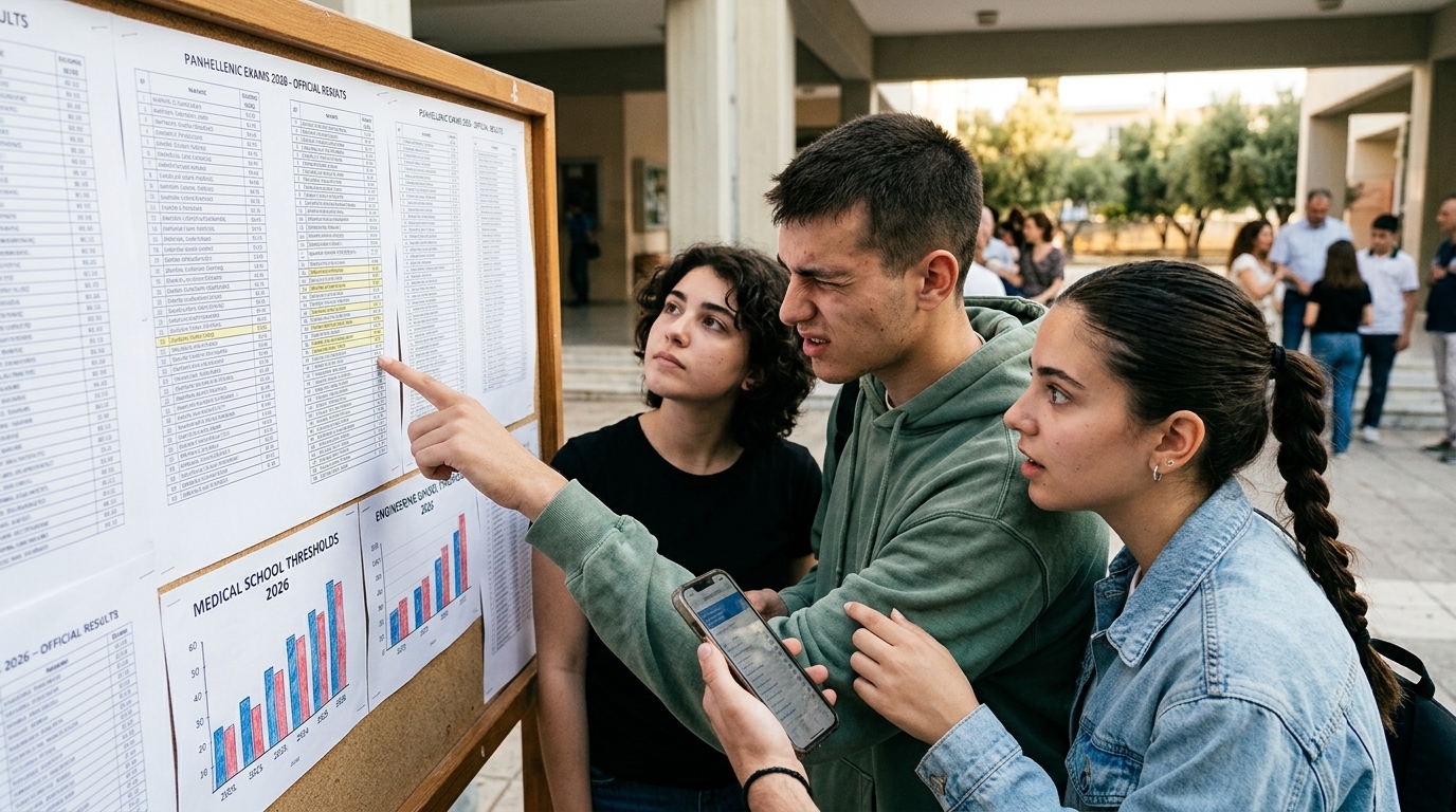 Students checking Panhellenic Exams 2026 results and admission scores on a digital screen.