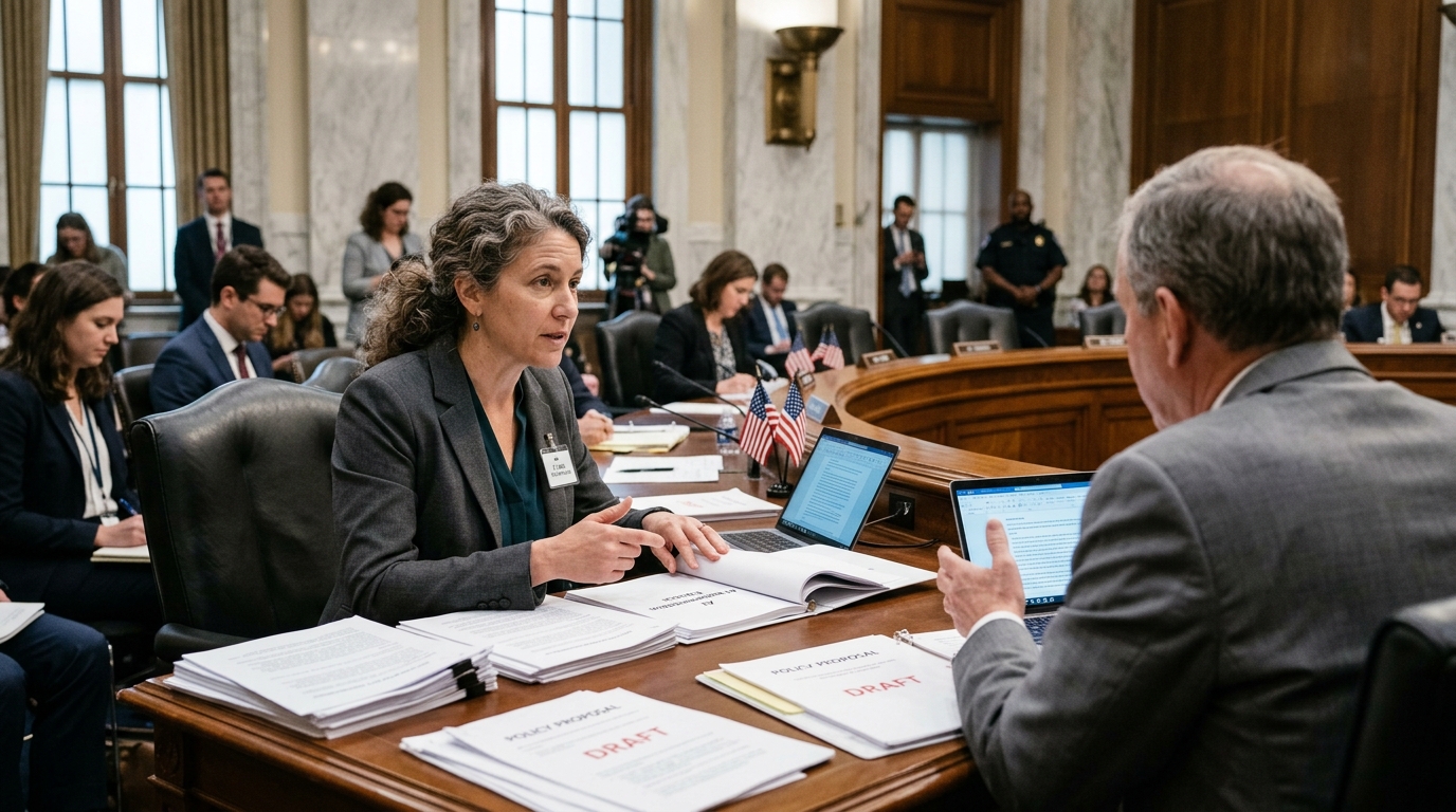 A diverse group of federal employees collaborating with AI technology in a modern office setting.