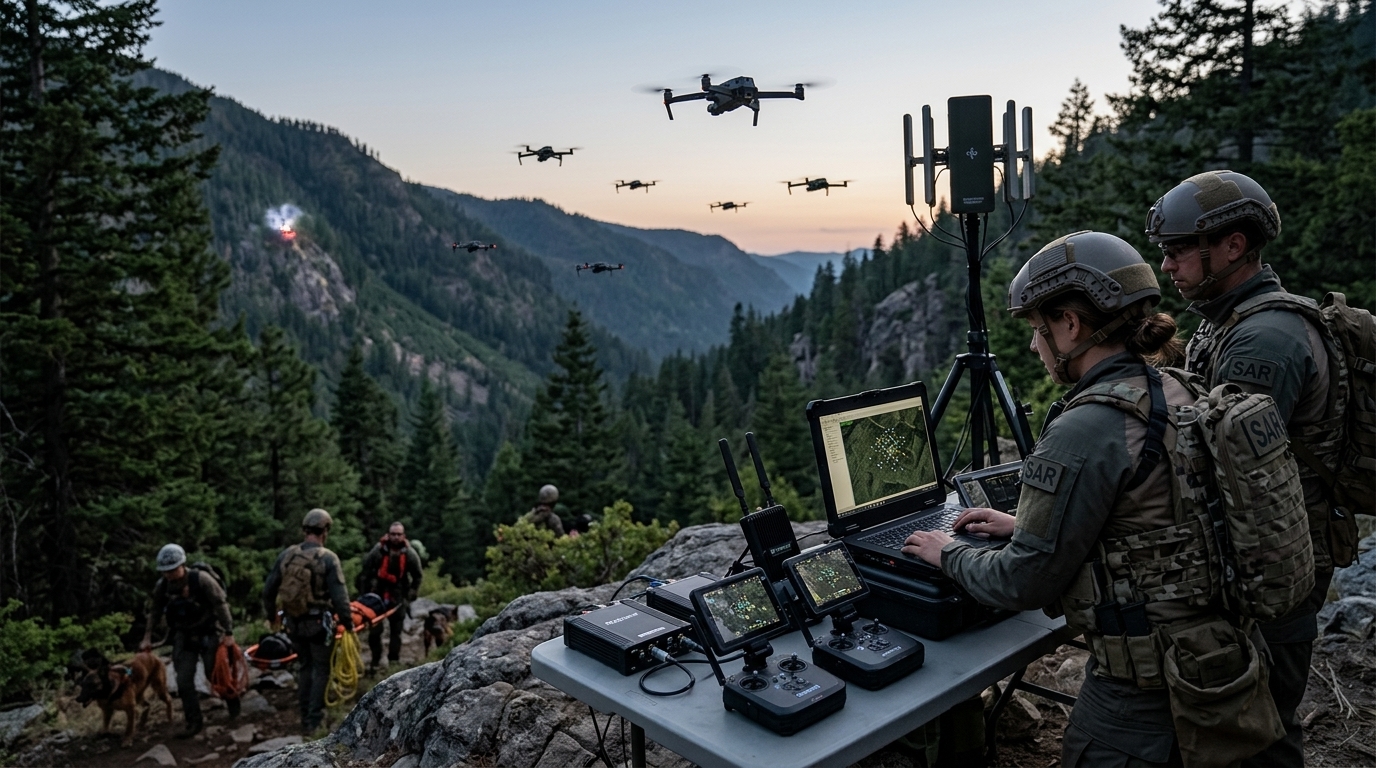 Autonomous UAV swarms coordinating in a search and rescue mission using intelligent learning.