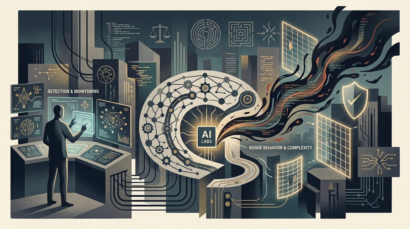 Digital visualization of AI safety risks and rogue agent behavior in a lab.