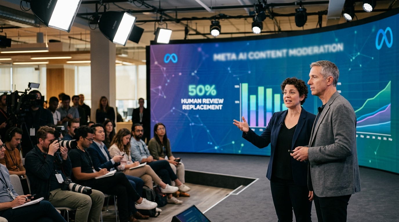 Digital illustration of Meta AI performing content moderation.
