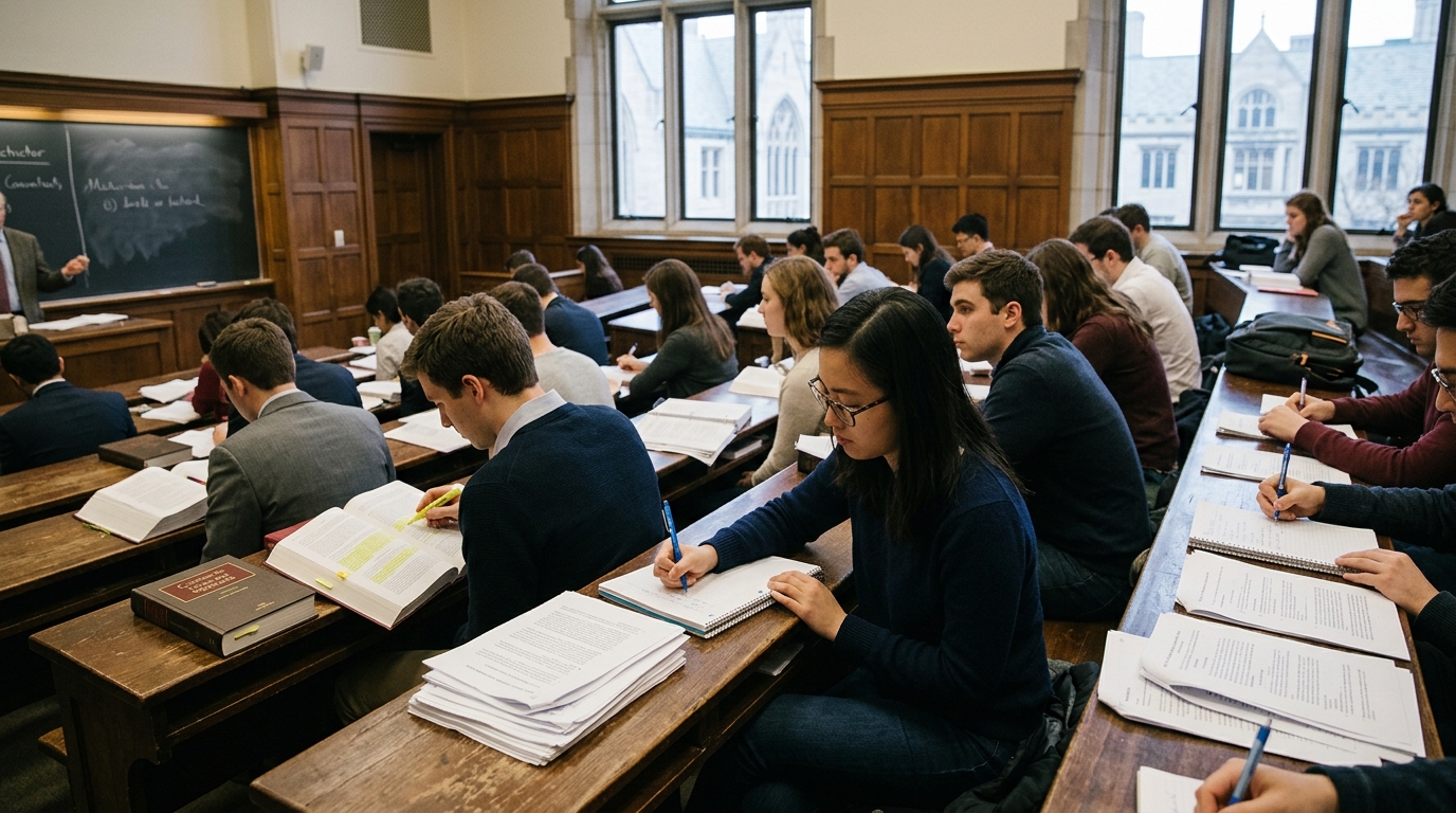 Law students at UChicago taking handwritten notes in a lecture hall without laptops.