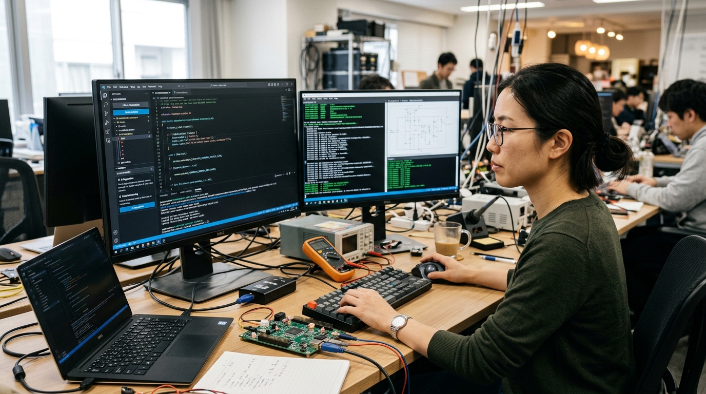 Προγραμματιστής που χρησιμοποιεί AI Coding Assistant για ανάπτυξη κώδικα firmware