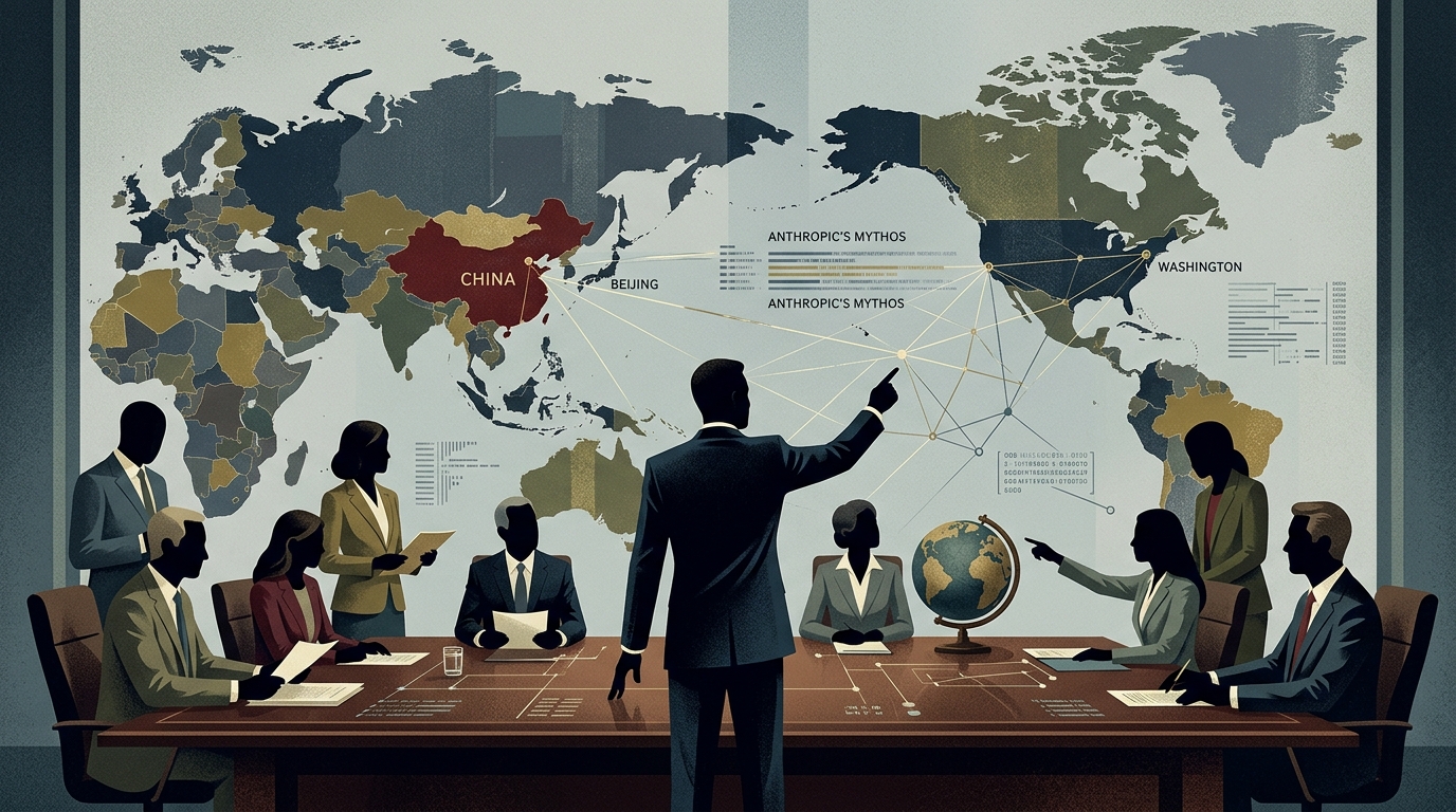 Digital representation of AI in cybersecurity and the China-US geopolitical arms race.
