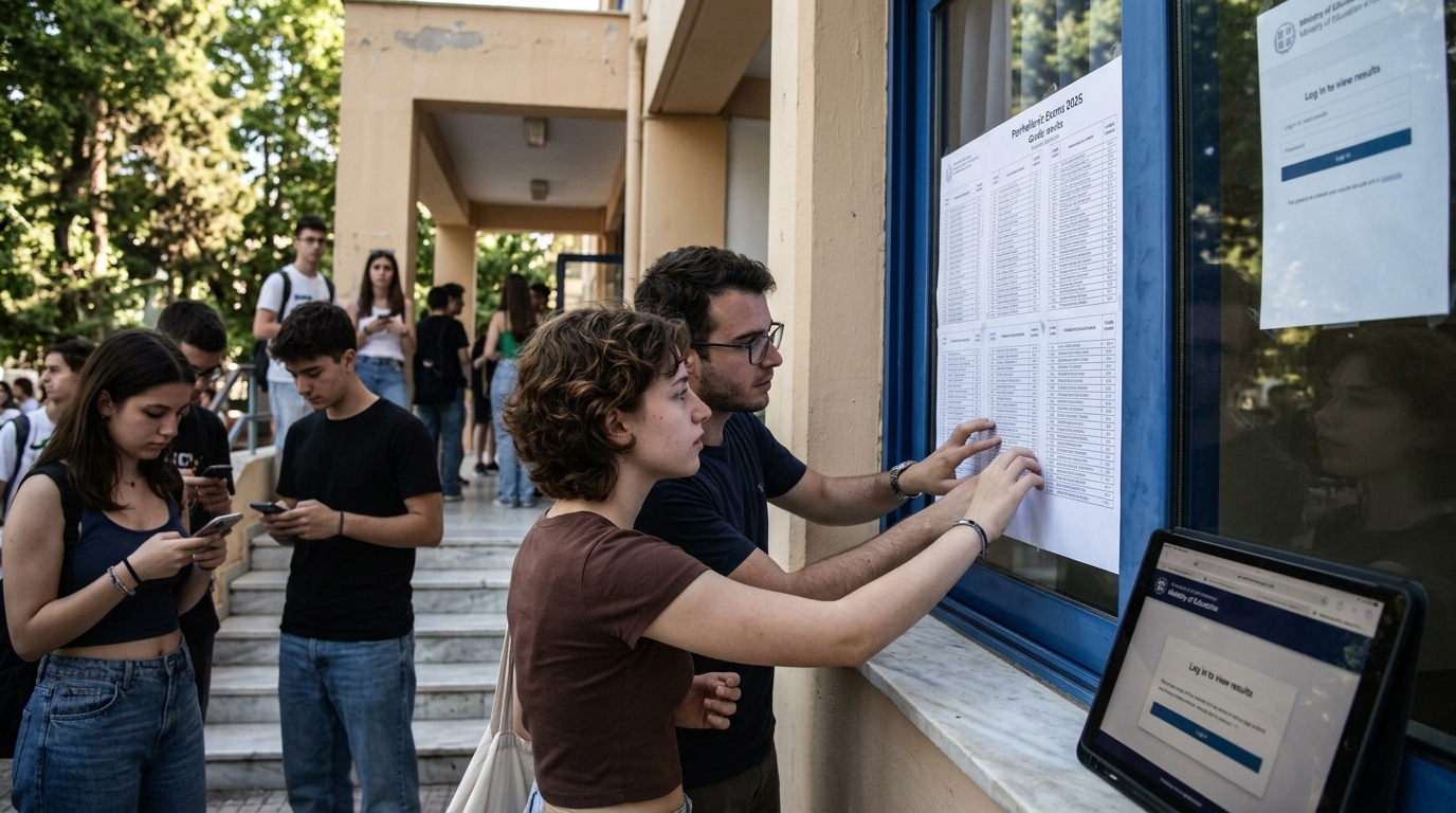 Students checking Panhellenic Exams 2026 results on a digital education platform.