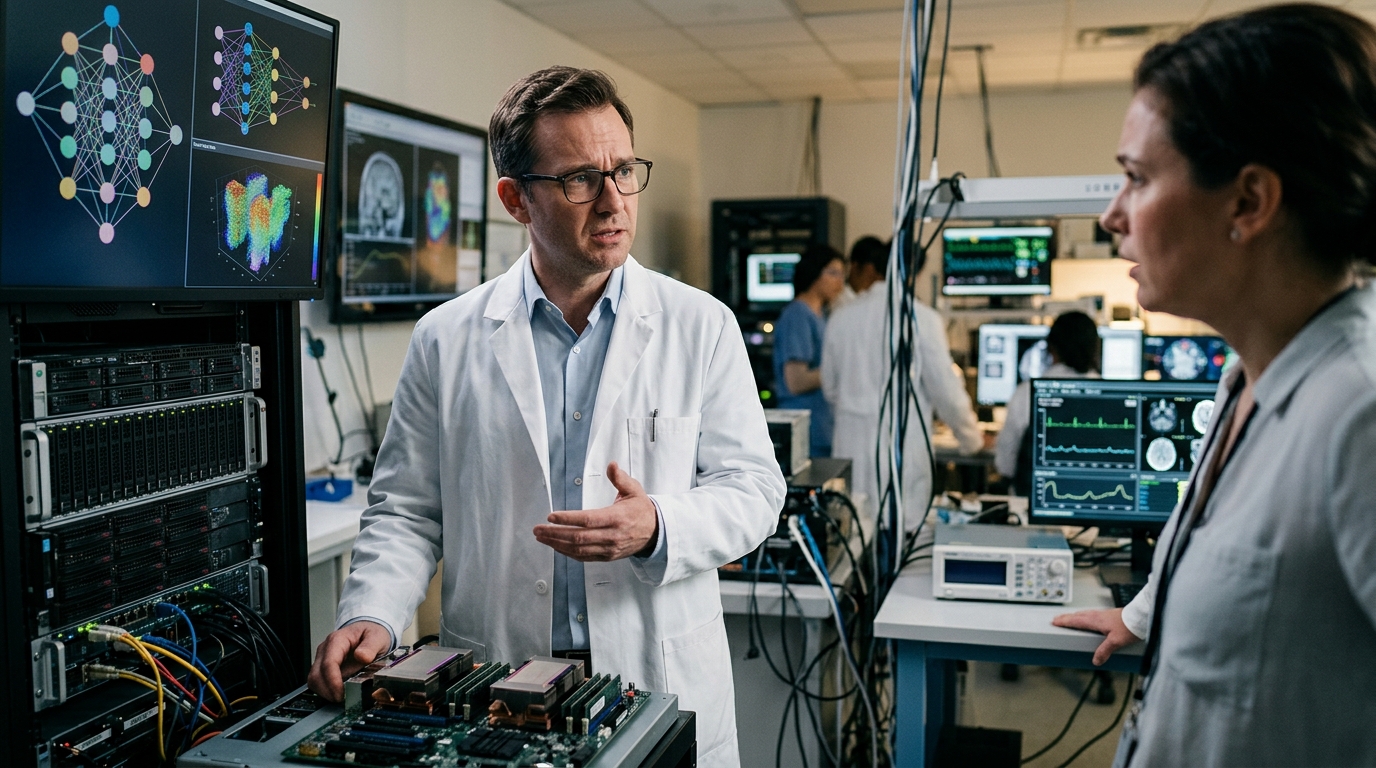 Doctor using digital AI tools in a modern hospital setting.