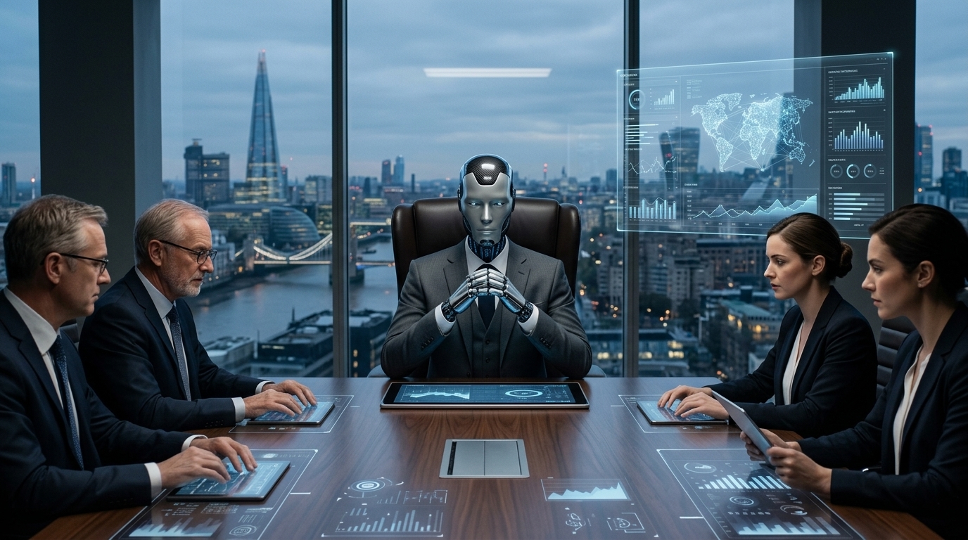Digital representation of an AI CEO leading a corporate boardroom meeting.