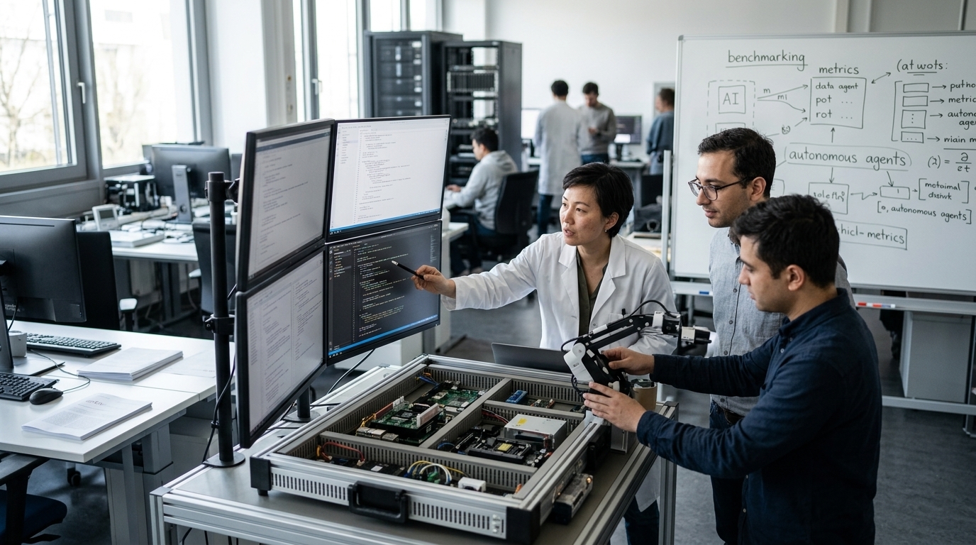 A digital representation of an AI Scientist system analyzing complex research data and benchmarking results.