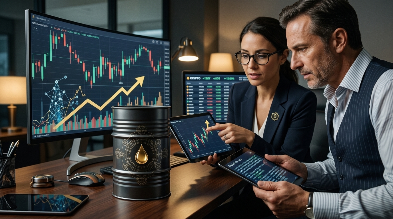 Digital representation of oil barrels connected to a blockchain network for commodity trading.