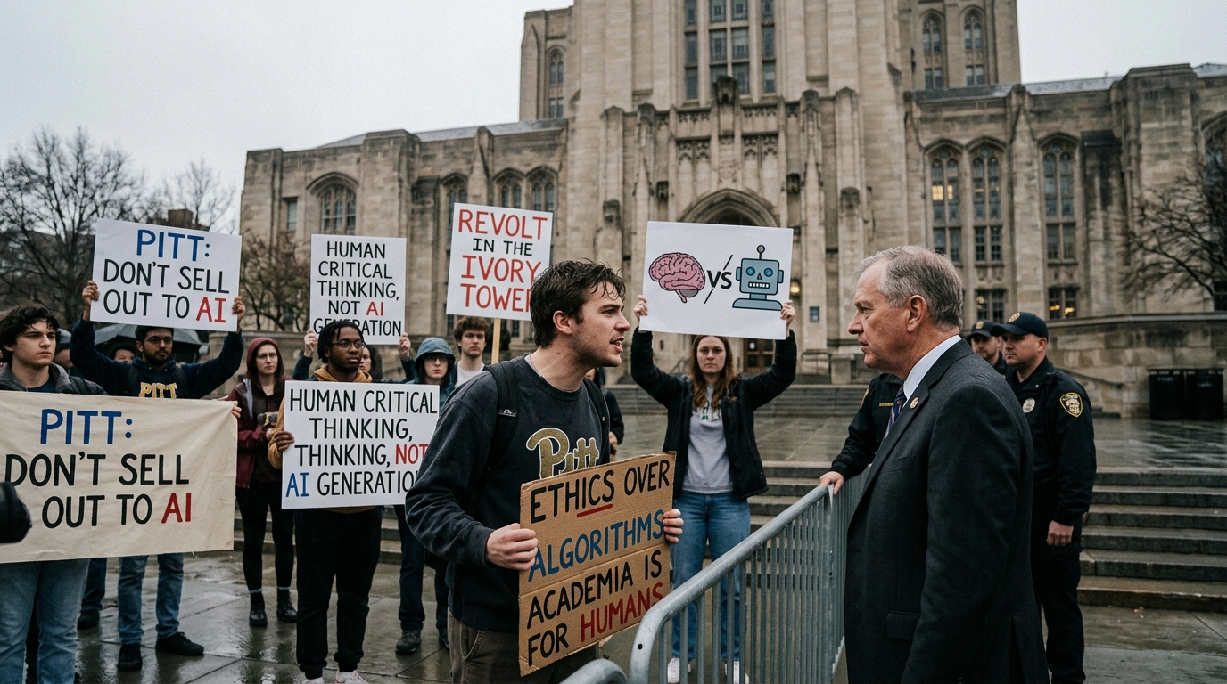 Students protesting against Artificial Intelligence integration at the University of Pittsburgh campus.