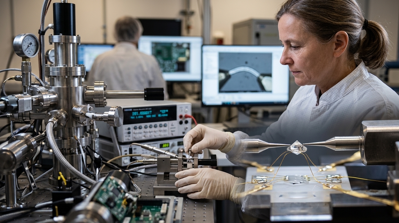 Microscopic diamond membrane bending to generate piezoelectric electricity in a laboratory setting.