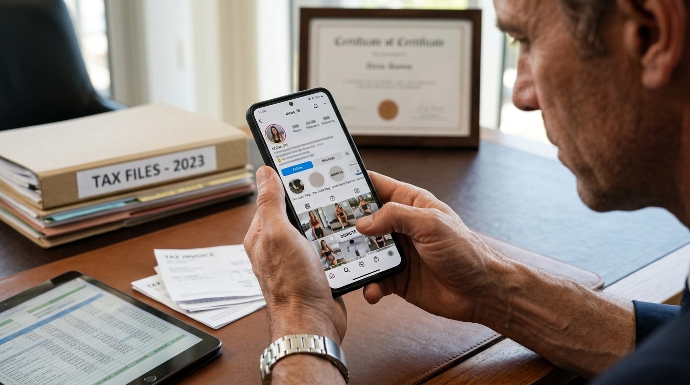 AADE logo over Instagram profile for influencer tax audits.