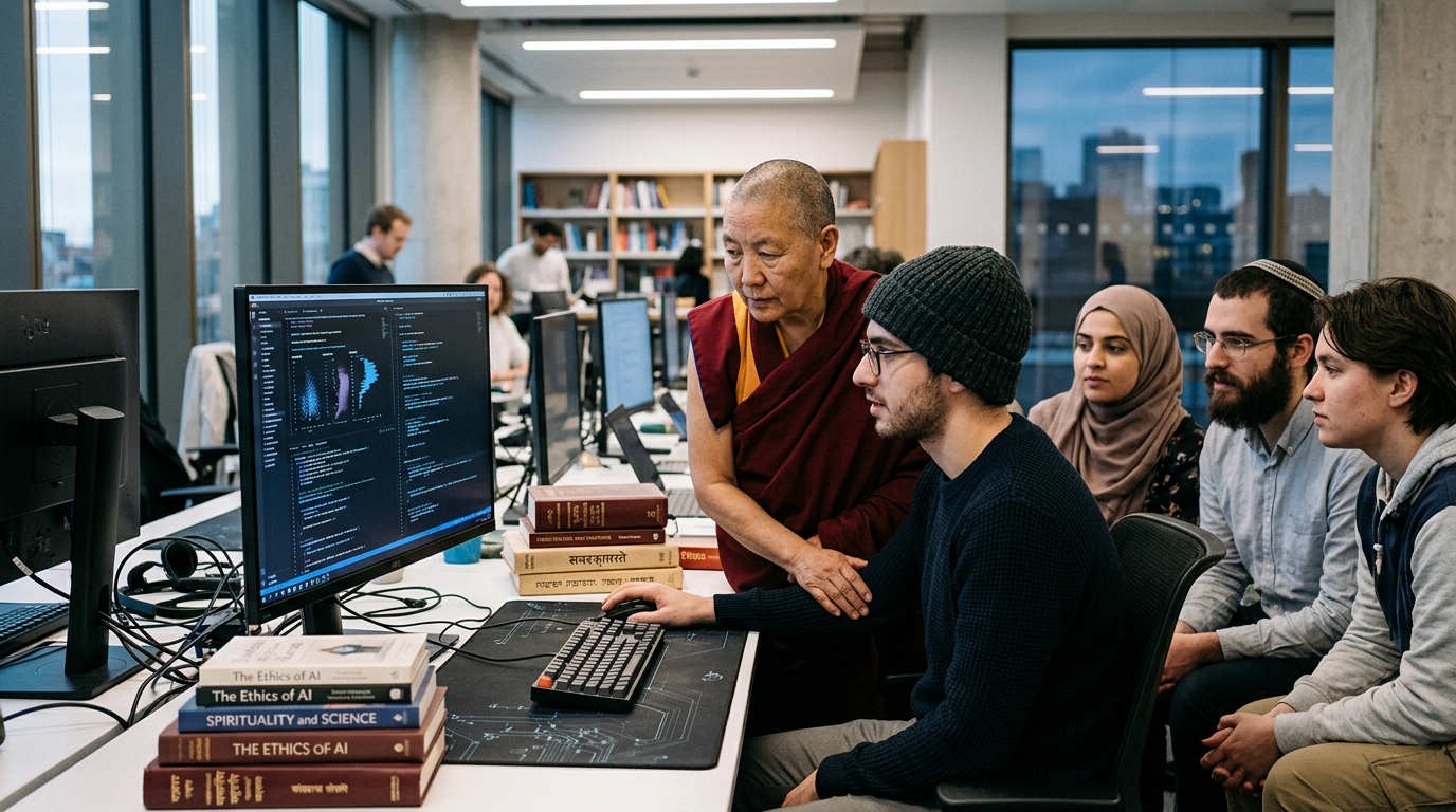 Digital illustration showing the link between religion and artificial intelligence.