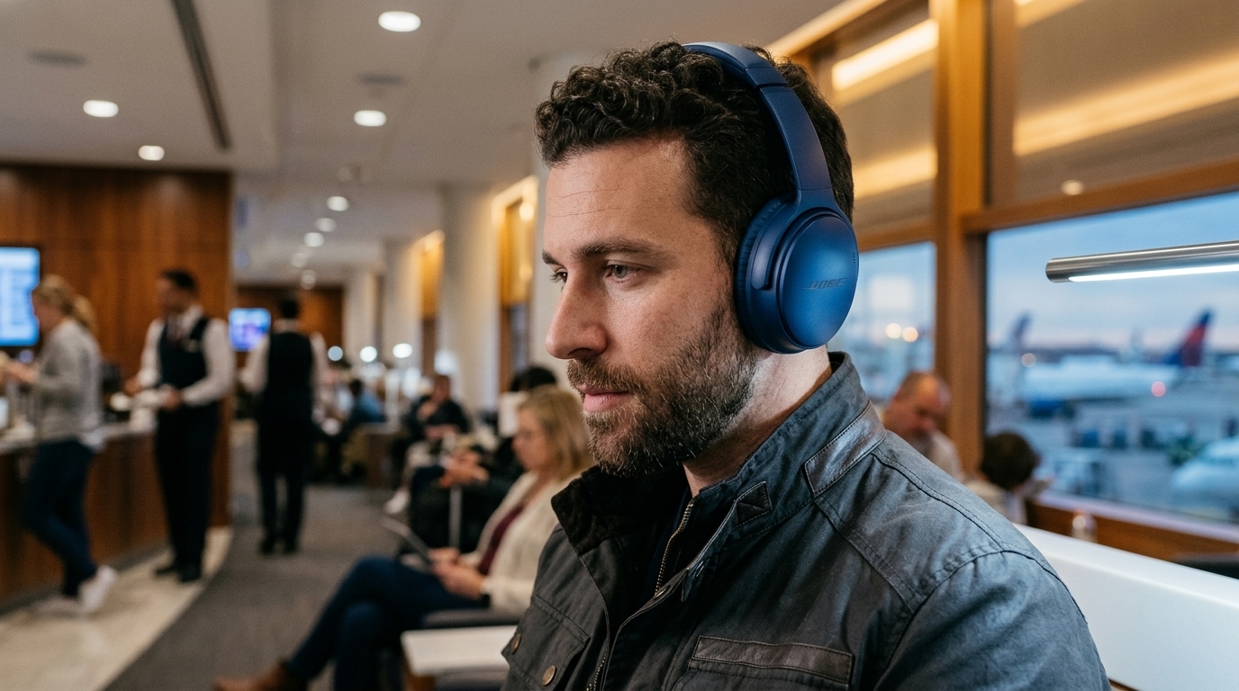 Τα ακουστικά Bose QuietComfort Ultra σε μαύρο χρώμα με έμφαση στην τεχνολογία ακύρωσης θορύβου.