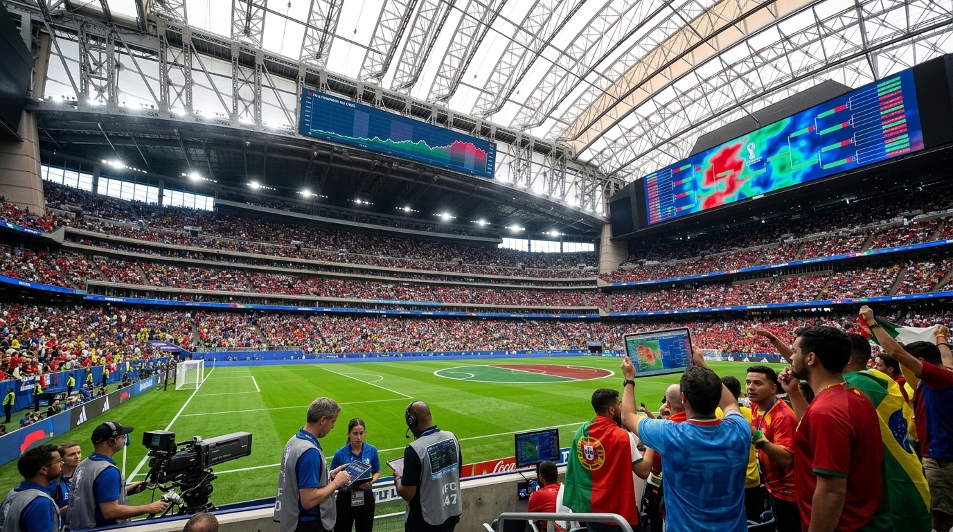 Digital screen displaying trading charts for prediction markets during the 2026 World Cup.