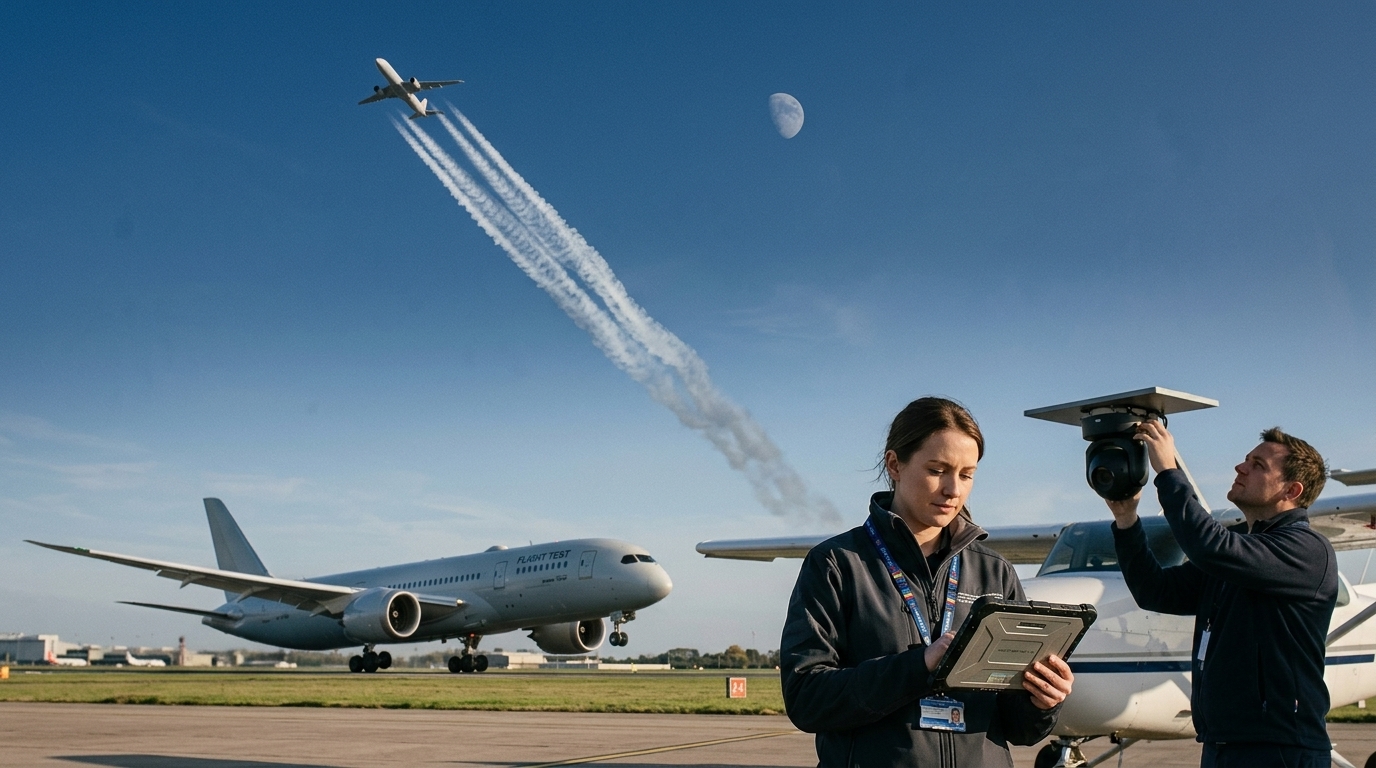 Airplane in the sky with contrails and Google AI logo for climate research.
