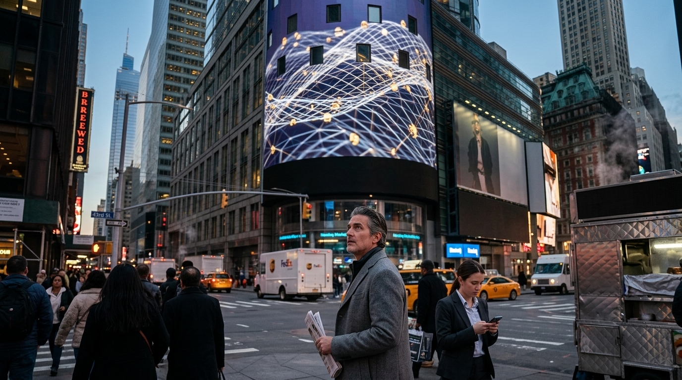 Wall Street stock exchange building with charts representing Mega-IPOs and Artificial Intelligence growth.