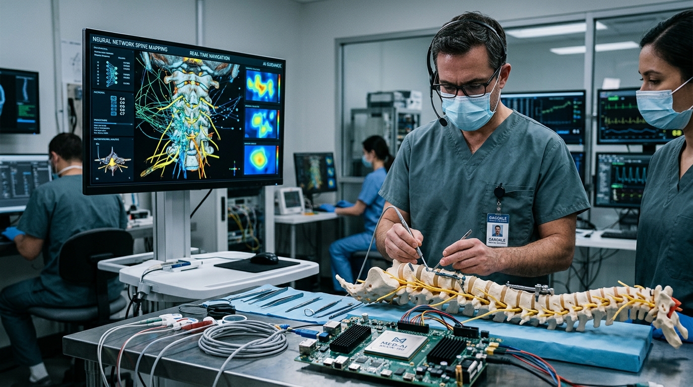 AI robotic system performing a precision spine surgery procedure.