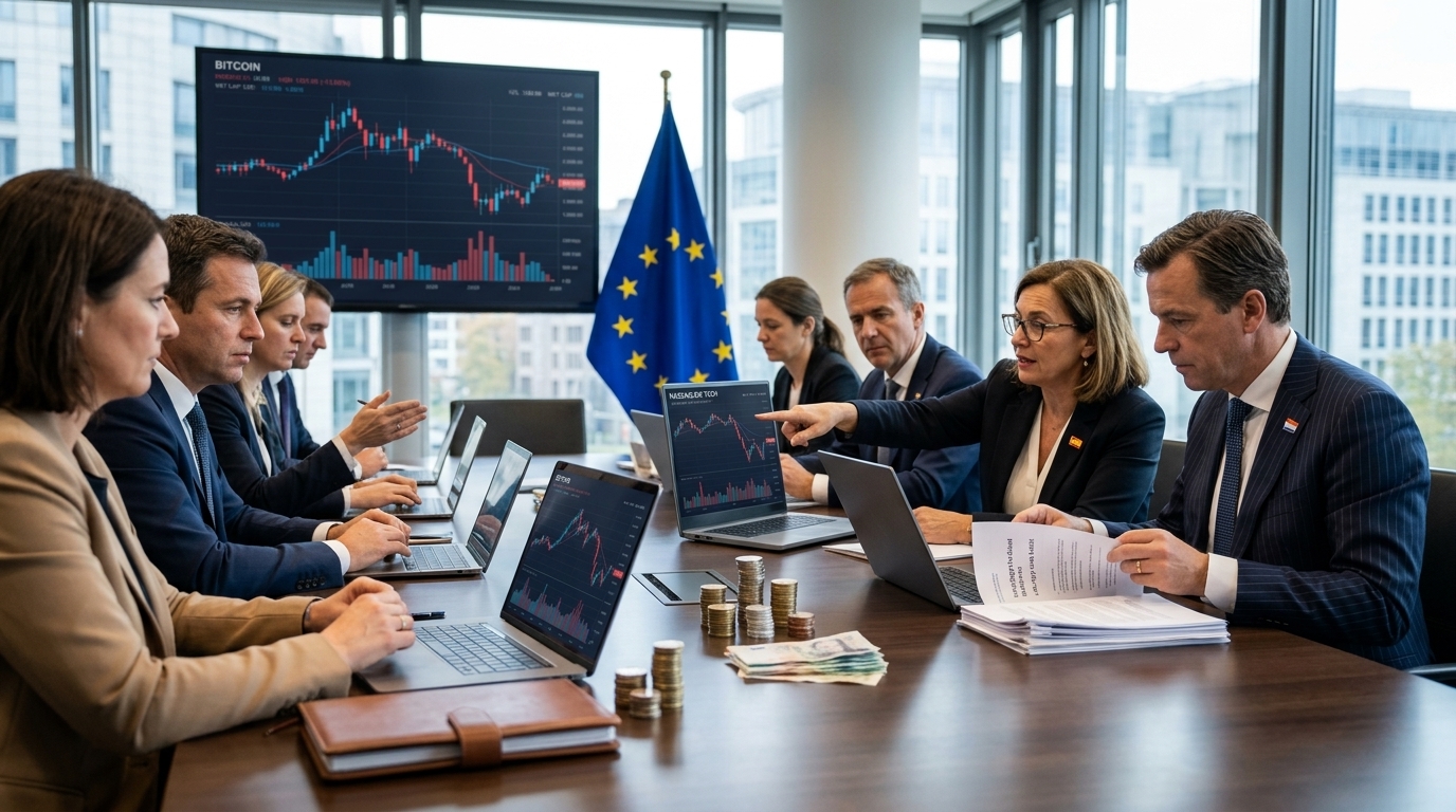 Το κτίριο της Ευρωπαϊκής Επιτροπής με ψηφιακά σύμβολα για τη φορολογία crypto και Big Tech.