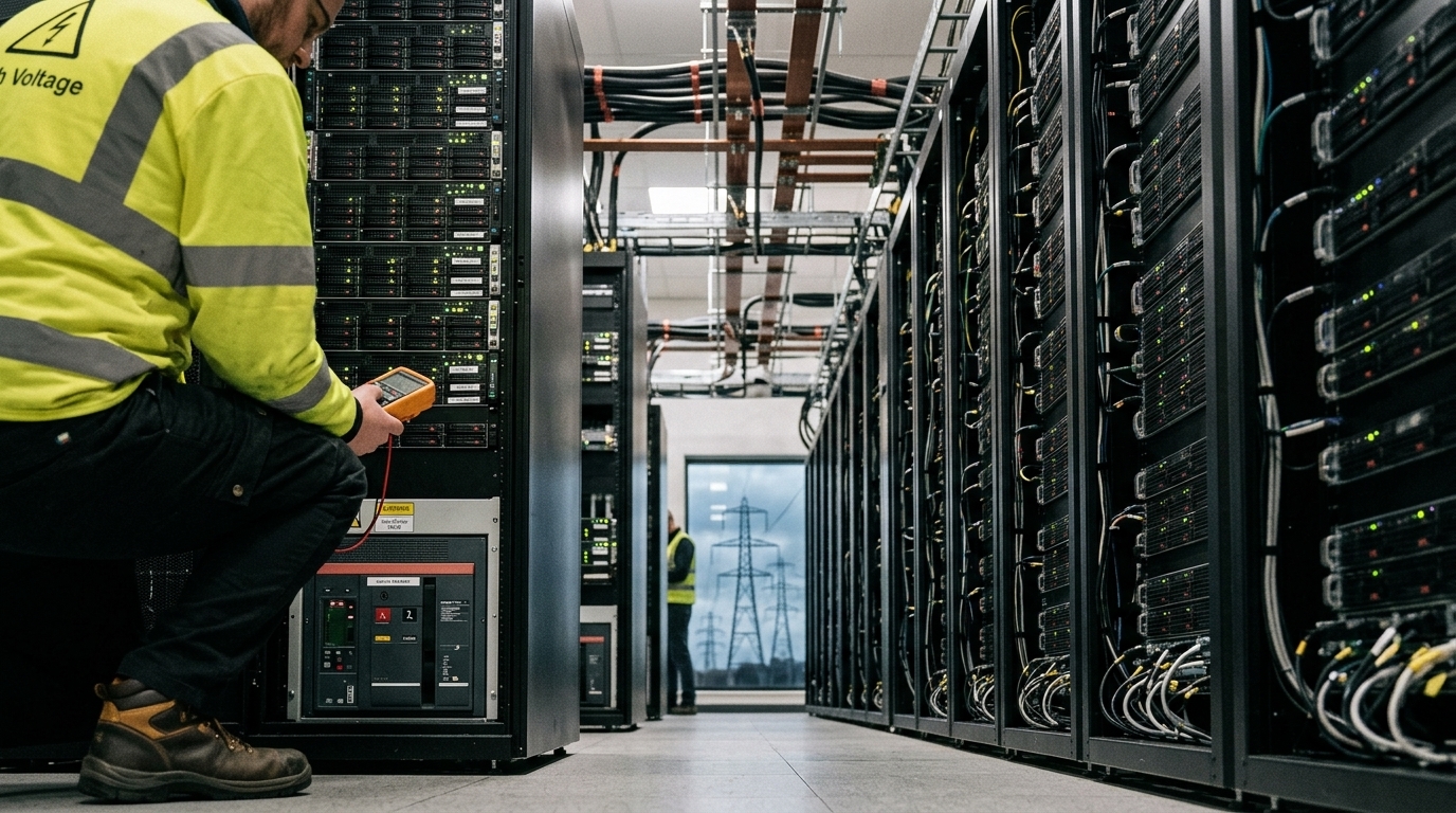 A modern data center facility representing the UK power grid infrastructure and energy demand for AI.