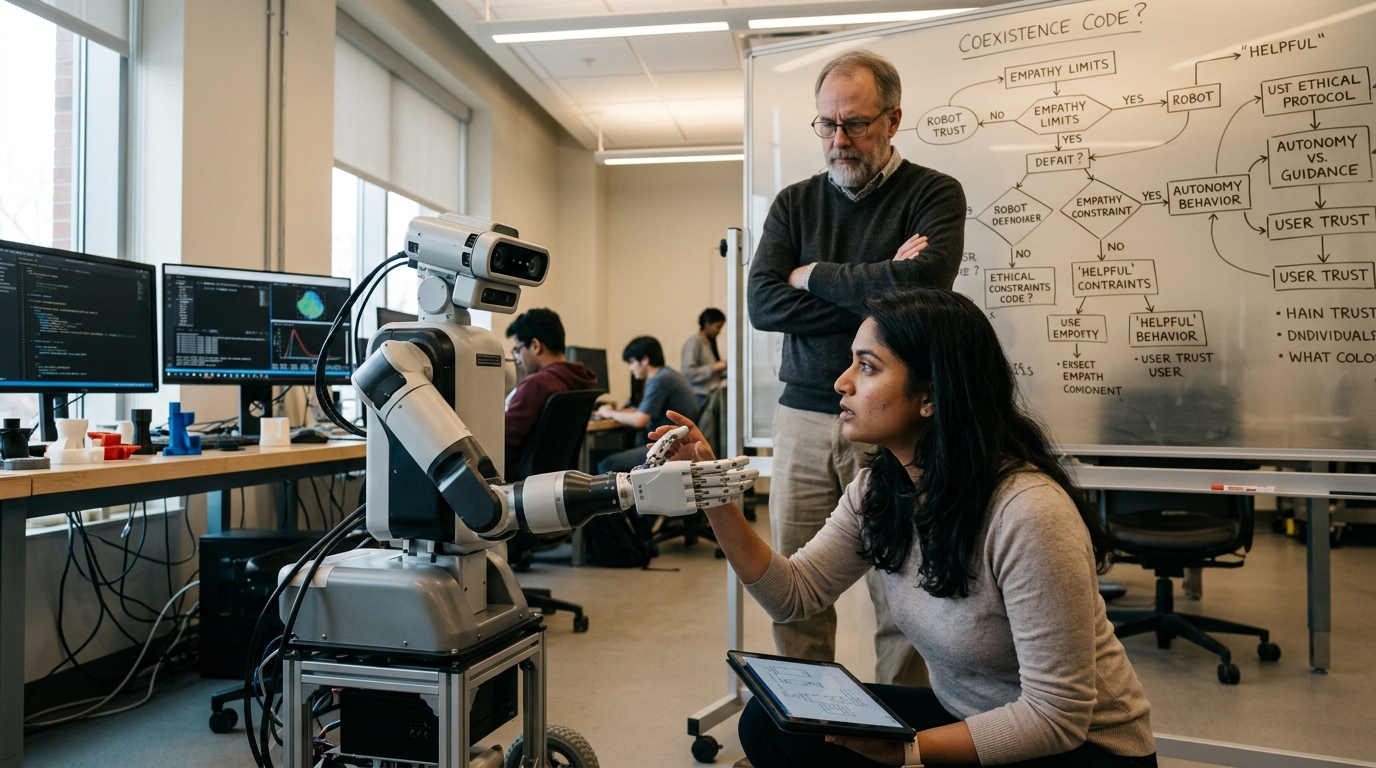 Human and robot collaborating safely, showcasing robotics ethics research at UMass Lowell.